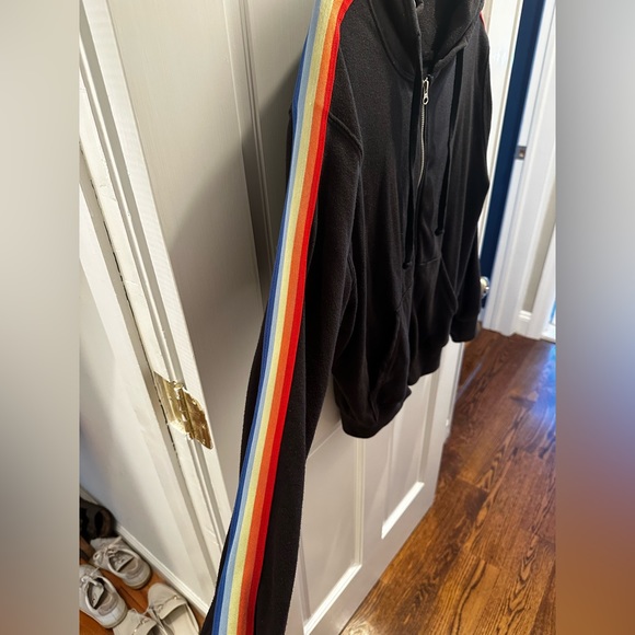 SPIRITUAL GANGSTER Black Zip Up Sweatshirt with Rainbow Arm Detailing - Picture 3 of 4